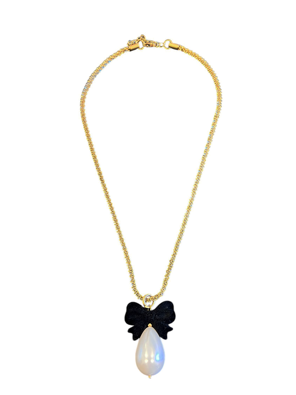 Ifigenia Loukou Pearl Drop Necklace Velvet Bow Black