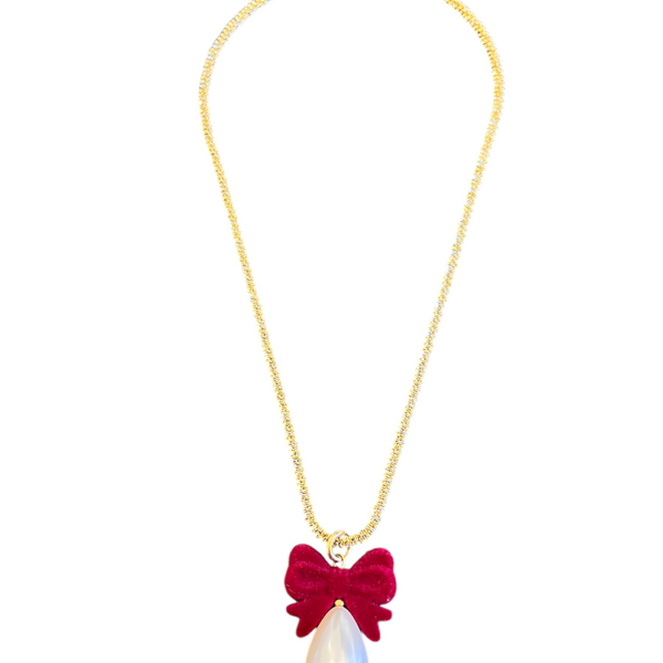 Ifigenia Loukou Pearl Drop Necklace Velvet Bow Red