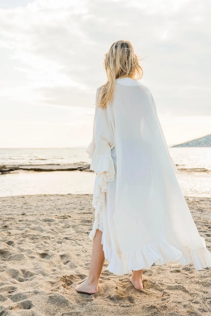 Christian Zen Celeste Maxi Kimono Ruffled Finishing Off White - Image 2