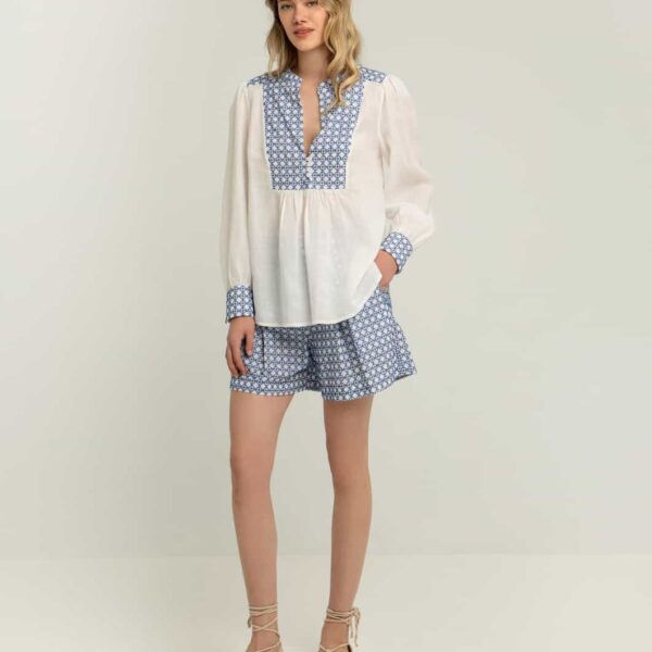 Greek Archaic Kori Blouse Cross L/S Buttons White/Royal Blue