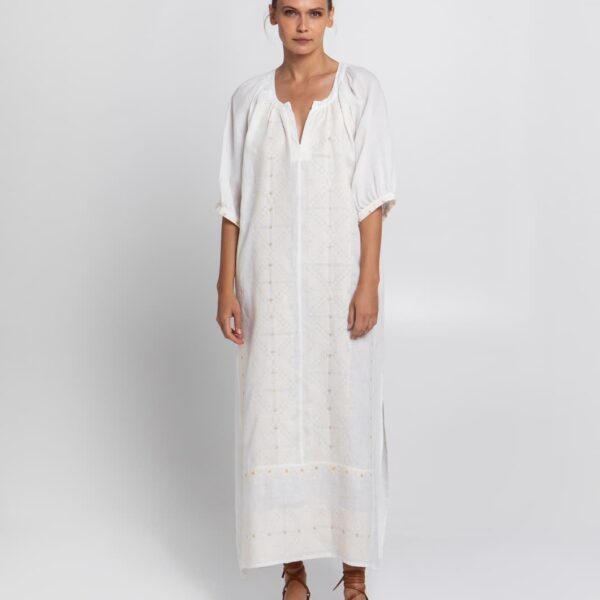 Greek Archaic Kori Dress Long Pixel With Belt White/Ecru Gold