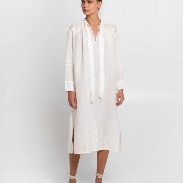 Greek Archaic Kori Roots Midi Shirt Dress with Bow Natural and Champagne
