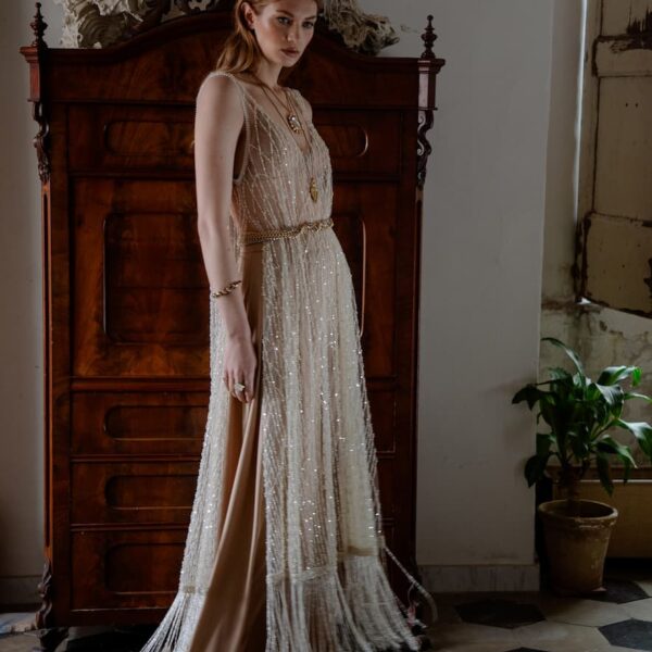 Nidodileda Sleeveless Whisper Maxi Dress with Pearls and Fringes Whisper