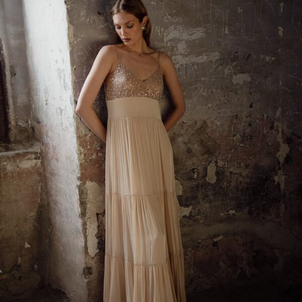 Nidodileda Margot Maxi Dress with Pearls and Sequins Beige Chiffon