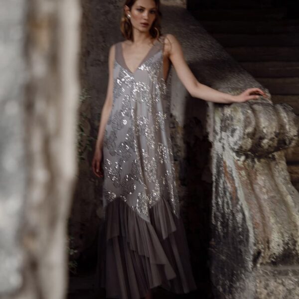 Nidodileda Sequined Tulle Marvel Maxi Dress Gray Silver