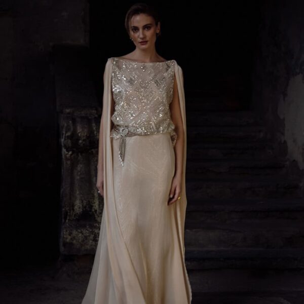 Nidodileda Chiffon Blanche Maxi Dress with Pearl Beige Silver