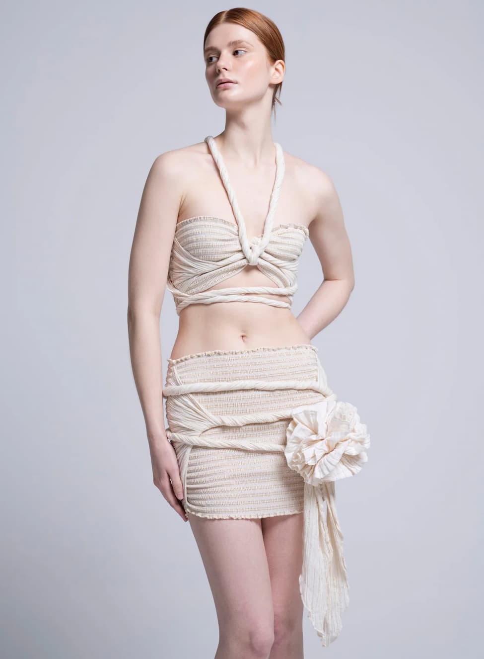 Christian Zen Chiara two Piece Lurex Wrap Dress with Flower Off White - Image 2