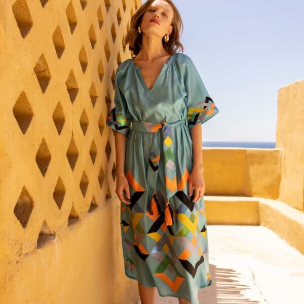 Nema Alma Dress with Turquoise Embroidery Tirquaz