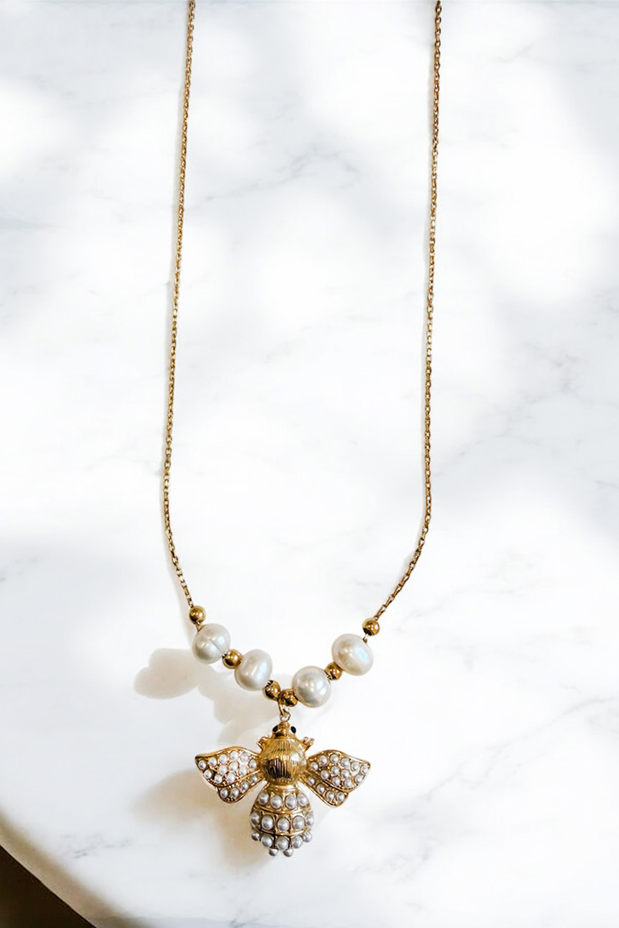 Ifigenia Loukou Long Necklace with Pearls and Bee Pendant