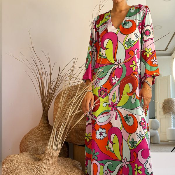 Nema Satin Kaftan Long Sleeve Green Purple