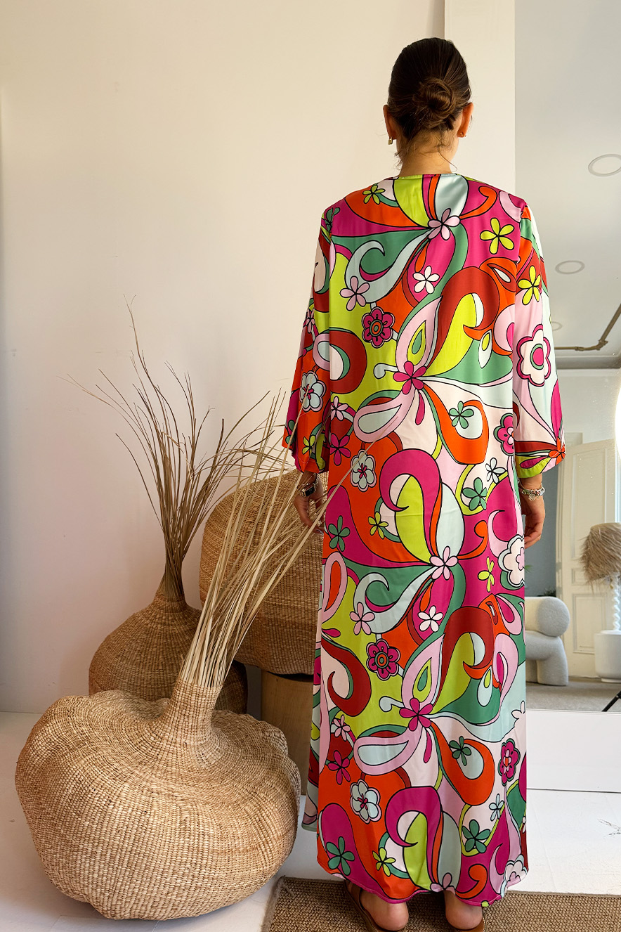 Nema Satin Kaftan Long Sleeve Green Purple - Image 3