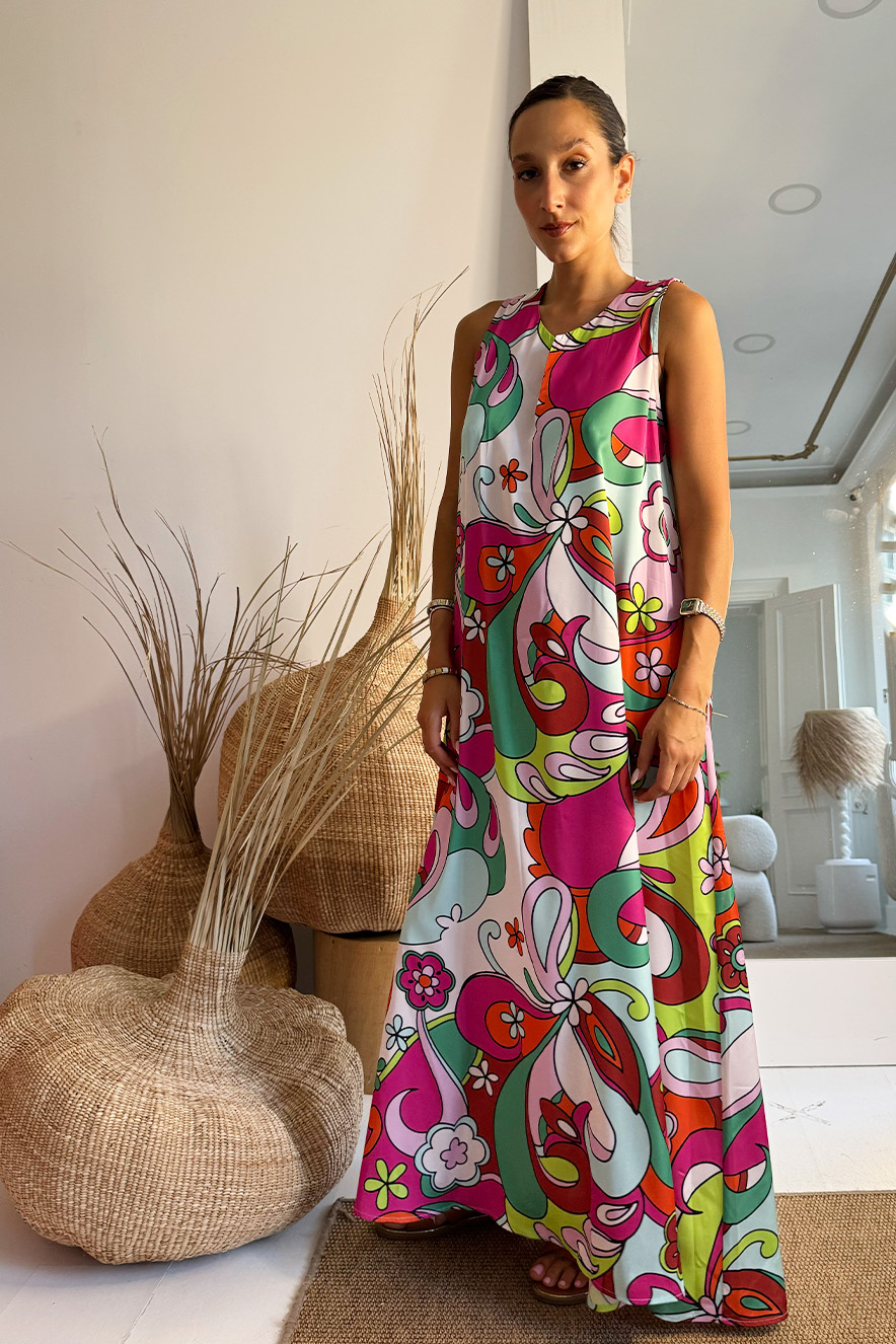 Nema Sleeveless Satin Kaftan Green Pink - Image 2