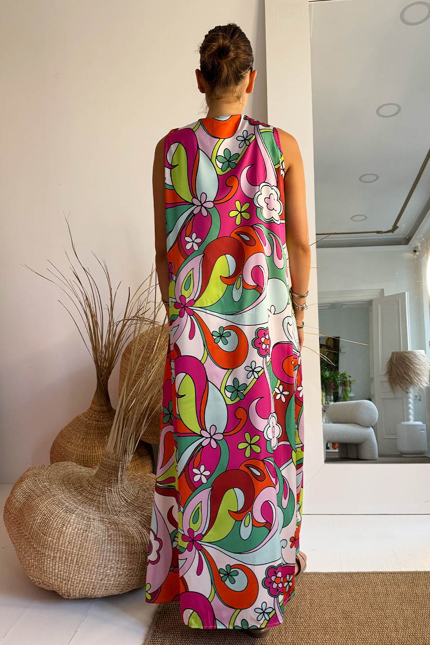 Nema Sleeveless Satin Kaftan Green Pink - Image 3
